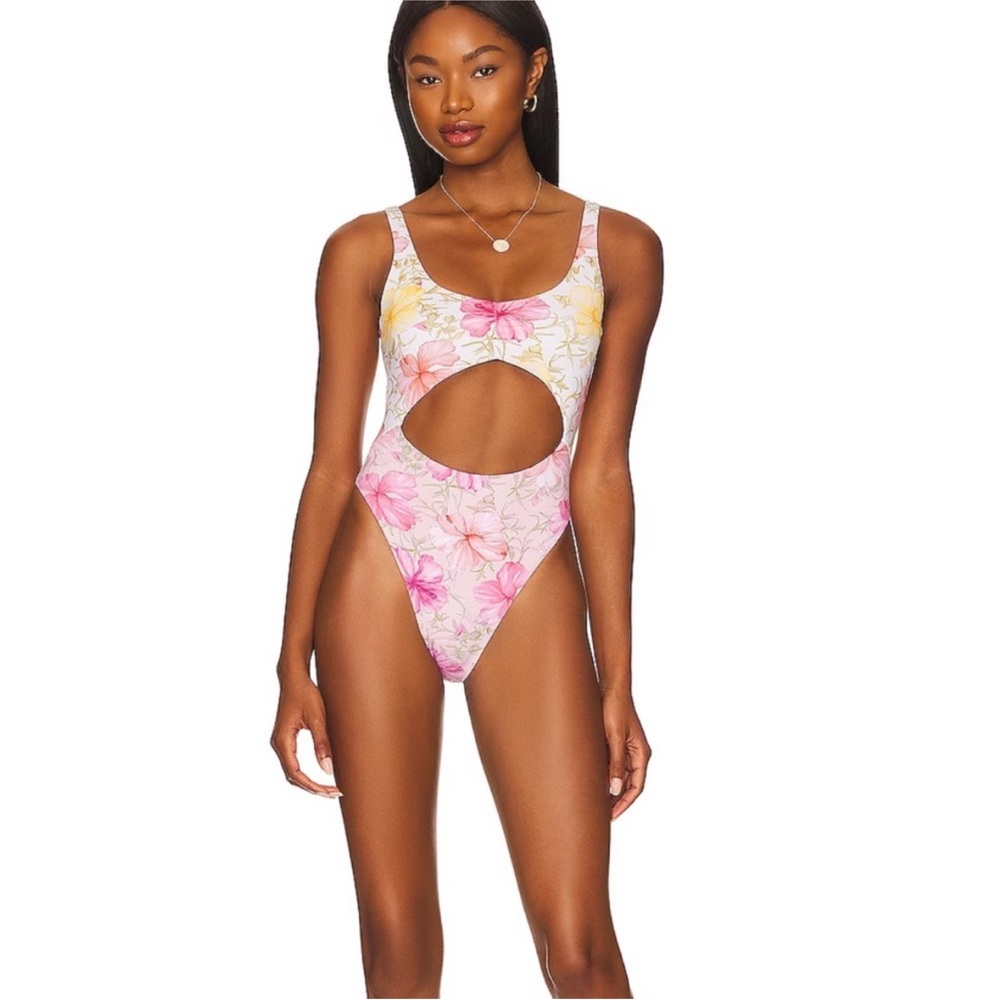 LoveShackFancy Floral One-Piece Swimsuit in Pink, Yellow & White